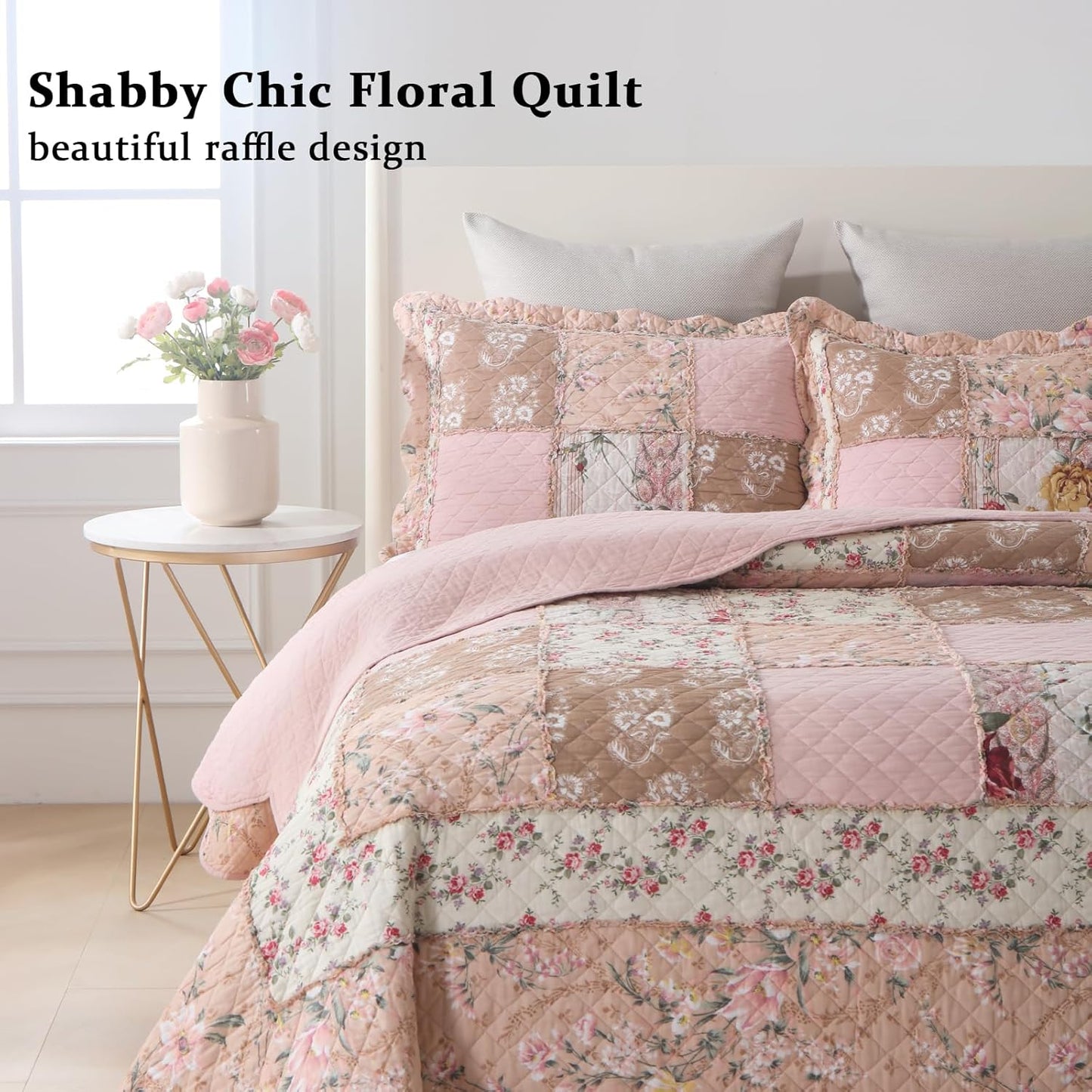 Yvooxny Quilts Queen Size Patchwork Pink Floral Quilt Set Vintage Shabby Chic Botanical Floral Quilted Bedspread 3-Piece Quilt Set with Ruffle for All Seasons, Queen Size, 98 * 90 Inches