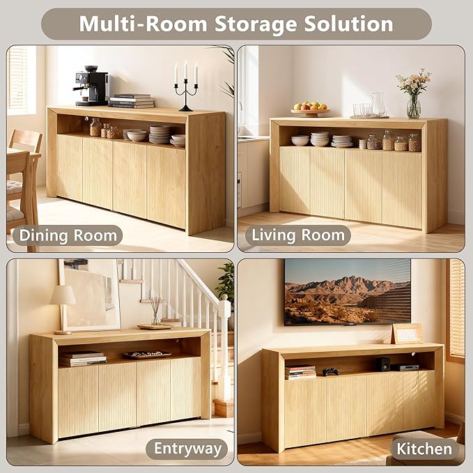 Feonase Buffet Cabinet with Storage & Led Lights, 66.2" Modern Sideboard Cabinet with 4 Doors & Shelves, Fluted Media Console Mid Century, Coffee Bar Table for Dining Room, Living Room, Kitchen, Oak