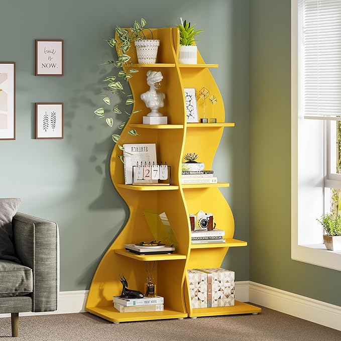 Tribesigns Corner Shelf, Modern 5-Tier Wall Corner Bookshelf, Stylish Corner Small Bookcase Storage Rack Plant Stand with Unique Shape for Living Room, Home Office (Yellow, 2PCS)