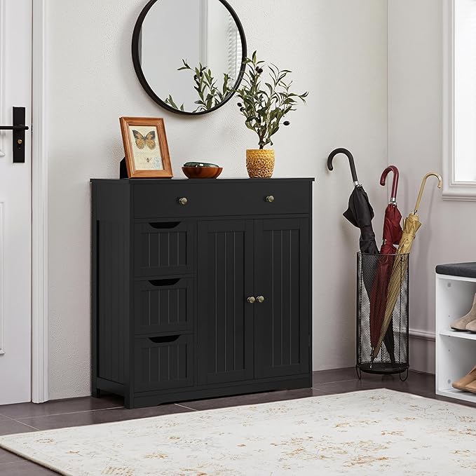 Yaheetech Bathroom Floor Cabinet, Large Storage Cabinet with 4 Drawers & 2 Doors, Free-Standing Cupboard for Kitchen, Bathroom, Entryway, Black