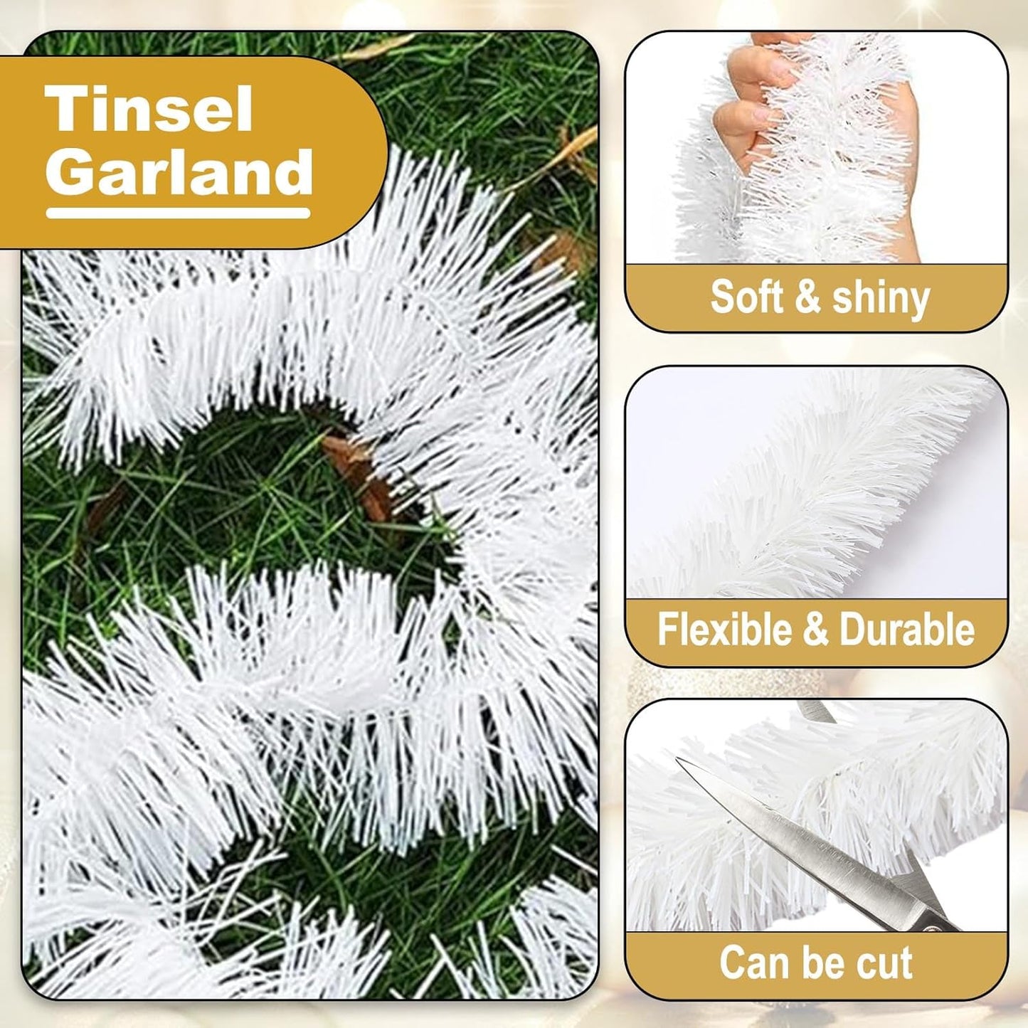 Macaron 25ft Metallic Twist Tinsel Garland - Wall Hanging Backdrop for Christmas Eve, New Year & Valentine's Day Parties (White, 4in x 25ft)