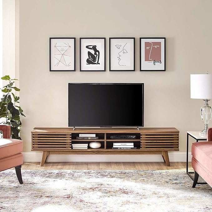 Modway Render 70" Mid-Century Modern Low Profile Media Console Entertainment TV Stand in Walnut Walnut