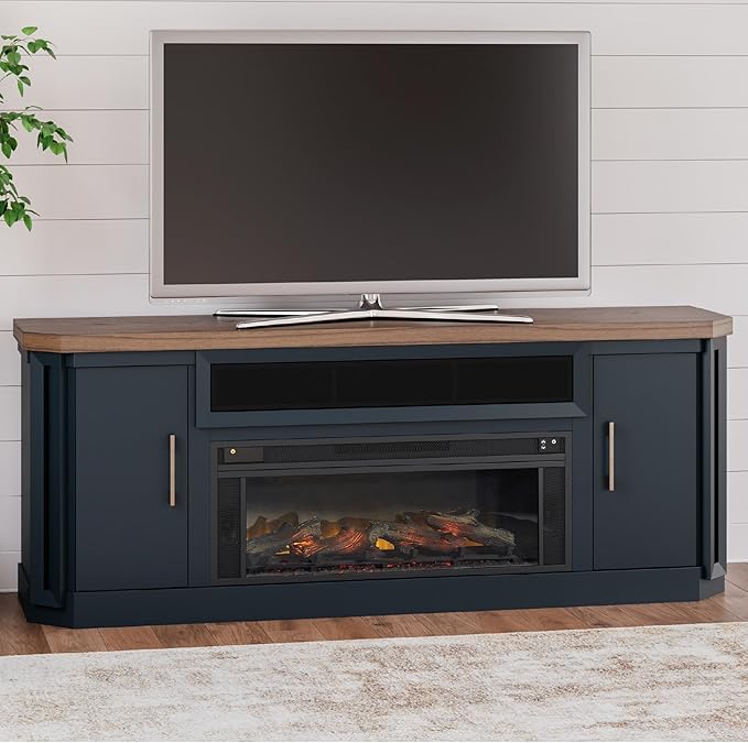 Signature Design by Ashley Landocken Contemporary 83" TV Stand with Electric Fireplace for TVs up to 95", Blue & Light Brown