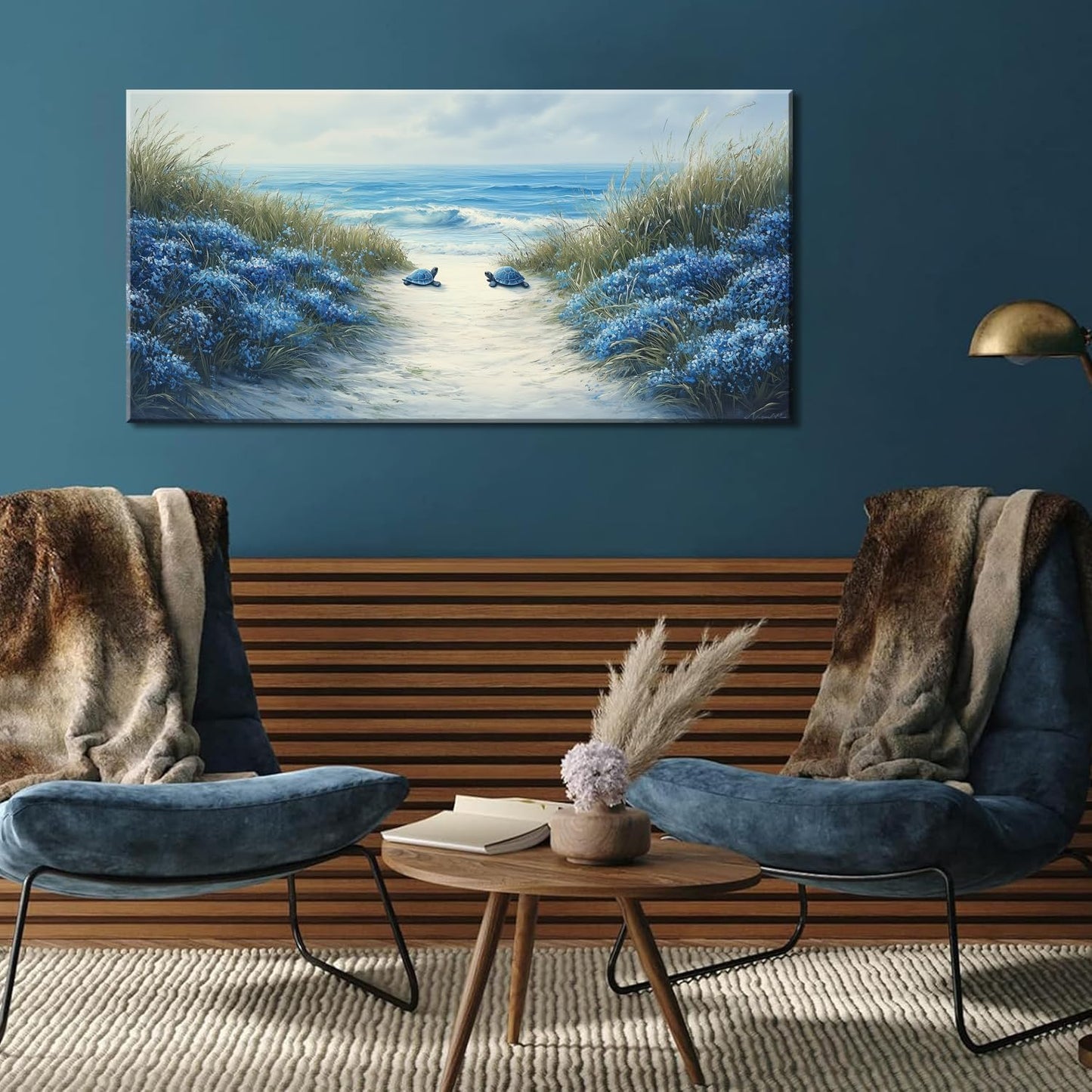 LASMOND Romantic Beach Wall Art for Living Room Blue Sea Turtle Lovers Canvas Painting Prints Ocean Sandy Romance Flowers Large Bedroom Office Decor Artwork (40x20 Inches)