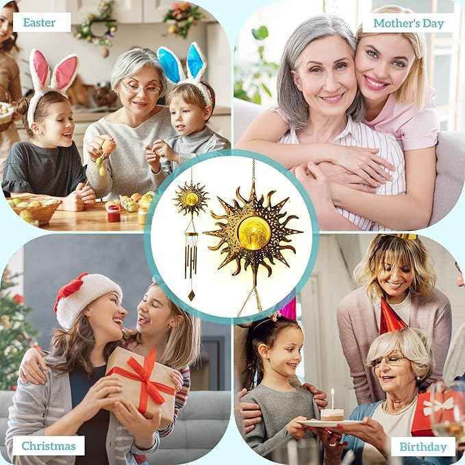 Solar Sun Light Wind Chimes for Outside for Women Gifts for Mom Grandma Wife Birthday Gift Crackle Glass Ball Windchimes Gardening Gift for Outdoor Patio Decor Yard Porch Decorations