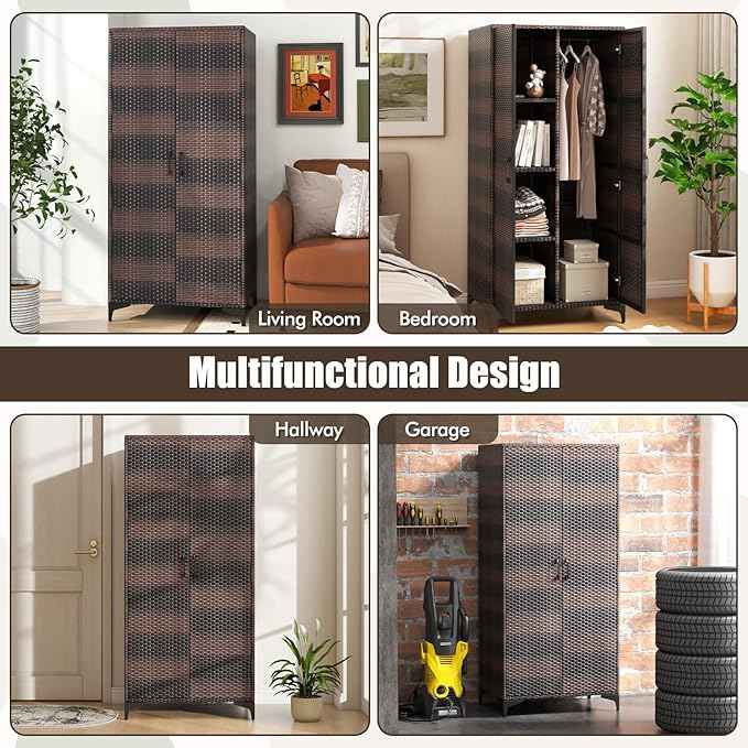 Giantex Wicker Storage Cabinet, 62” Tall Pantry Cabinet with 2 Doors, Hanging Rod, 4 Storage Cubes, Metal Legs, Anti-Tipping Device, PE Rattan Storage Cabinet for Home Office, Garage Cabinets (Brown)