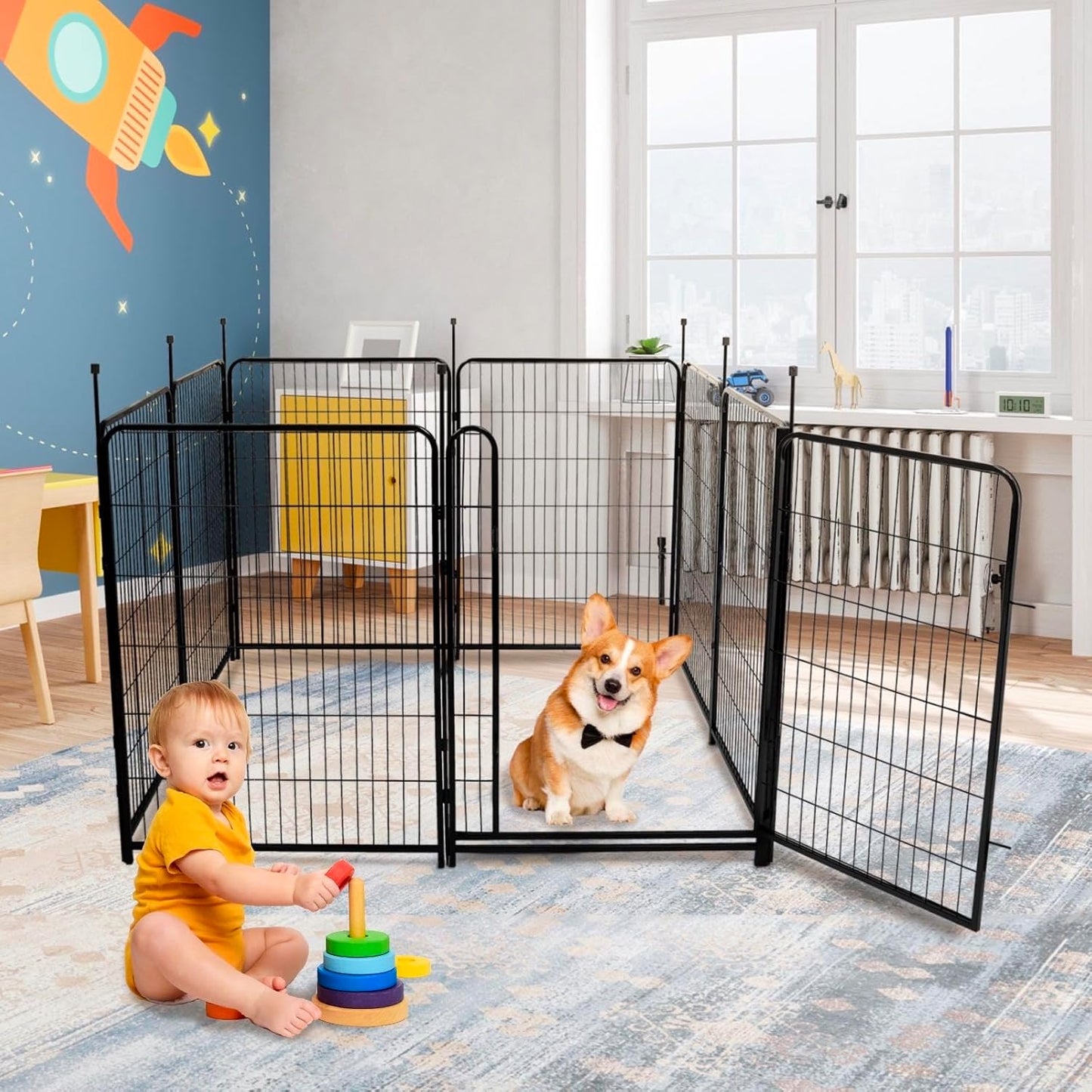 Tall Garden Fences and Borders, 54 in(H) Dog Fences for The Yard, 4 Panels Total 8.9 Ft Long, Gate 21 Inches Wide with Low Sills. Dog Fence Outdoor or Indoor. Fencing for Garden Beds