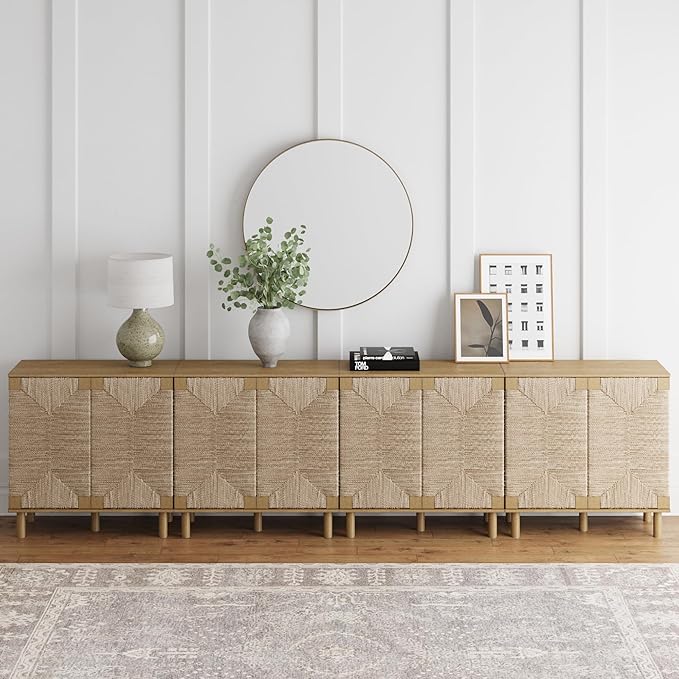 Nathan James Beacon Accent Natural Sideboard Storage Cabinet TV Stand in Light Wood with Adjustable Interior Shelf and Seagrass Doors, for Hallway, Entryway or Dining Room, Light Brown, Set of 4