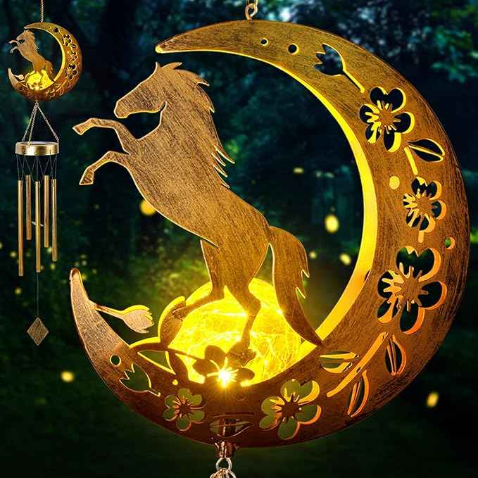 Moon Horsebird Wind Chime Outdoor, Handcrafted Metal Garden Wind Chimes with Horse & Bird Charms, Melodic Wind Bells for Patio Porch Decor, Weatherproof Gift for Equestrian & Nature Lovers