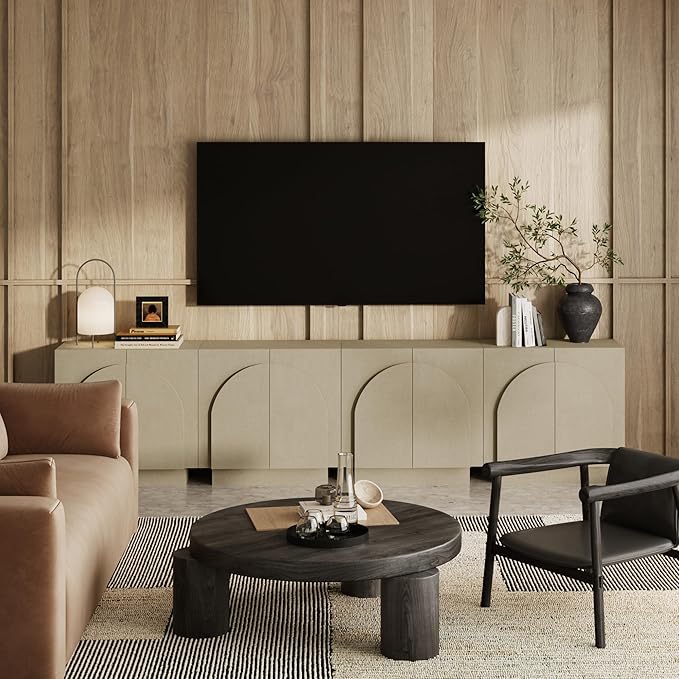 Nathan James Iris Mid Century Modern Arched Curio Cabinet with Beige Linen Finish, Wooden Storage Cabinet with Doors Set of 4