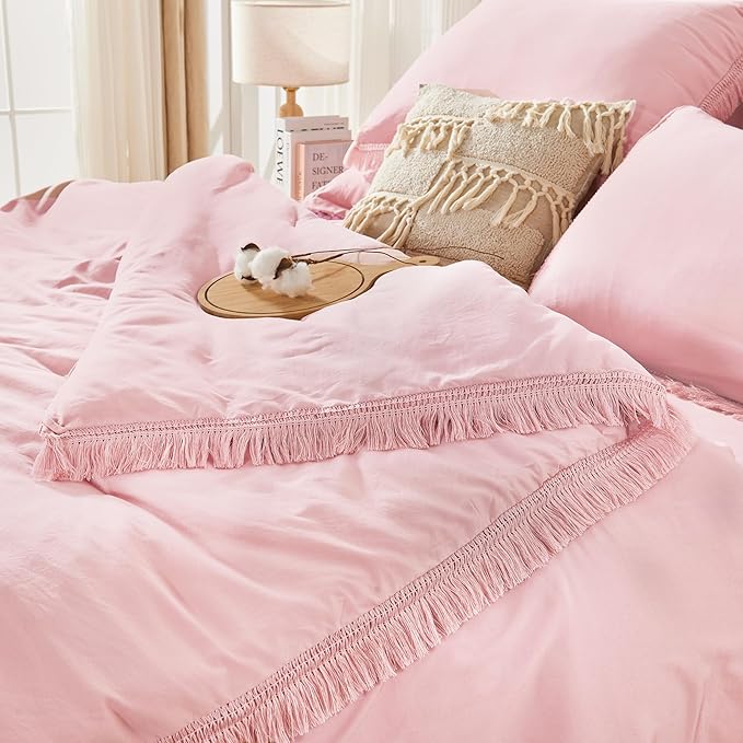 Andency Queen Comforter Set with Sheets Light Pink - 7 Pieces Boho Tassel Bed in a Bag Soft Lightweight Bedding Sets, Fringe Bed Set with Comforter, Sheets, Pillowcases & Shams