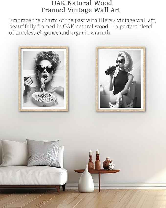 iHery Natural Wood Framed Woman On Toilet Drinking Wine Wall Art, 12x16in OAK Frame Black and White Funny Print, Alcohol Bathroom Poster, Retro Fashion Wall Decor Set of 1