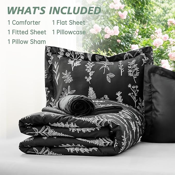 MUXHOMO Black Bed in a Bag Queen 7 Pieces, Queen Comforter Set Reversible Botanical Flowers Design, Ultra Soft & Breathable Bedding Sets with Comforter, Sheets, Pillowcases & Shams