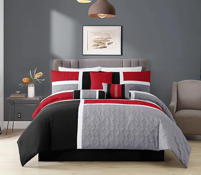 Chezmoi Collection 7-Piece Quilted Patchwork Comforter Set, Red/Gray/Black, California King