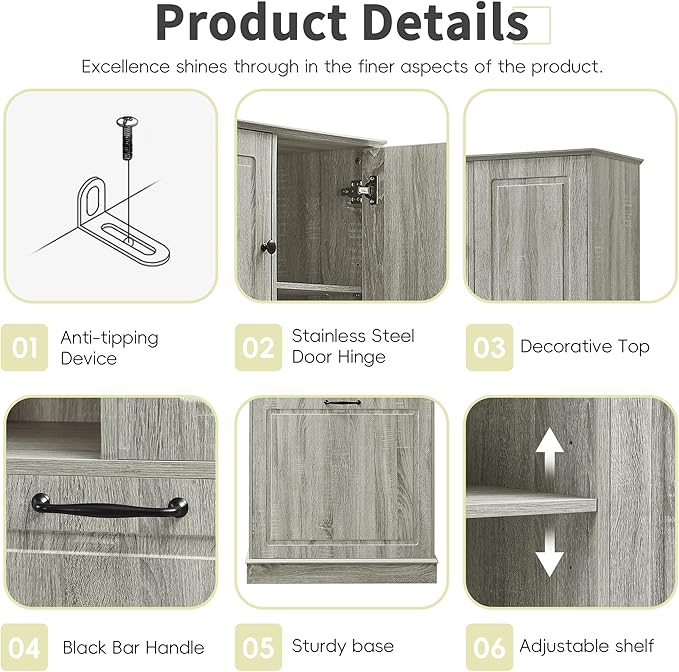 68" Tall Bathroom Storage Cabinet with Two Doors and Laundry Hamper for Home Display Organizer, Adjustable Shelf, Oak