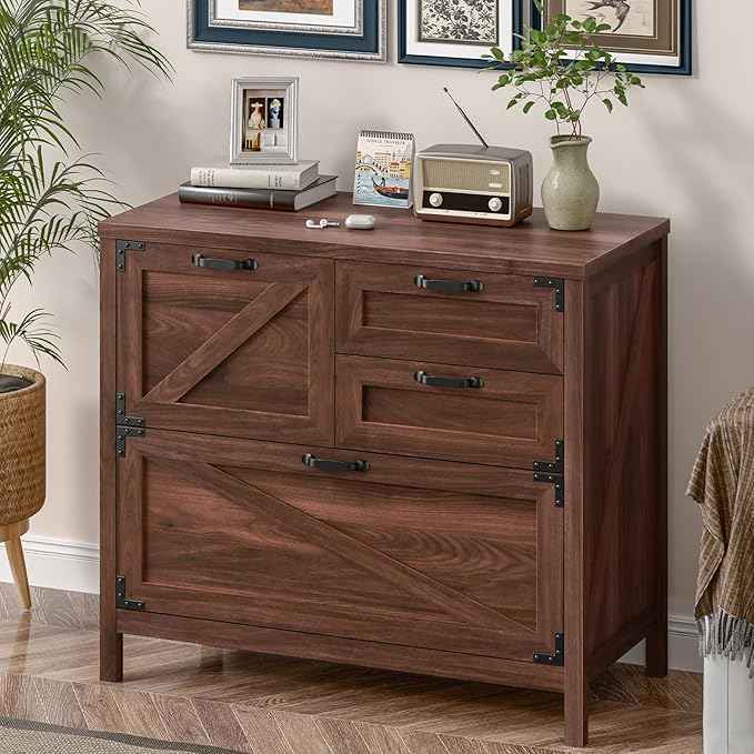Vabches 4-Drawer Wood Lateral File Cabinet for Hanging Files Letter/A4/Legal Size, Large Farmhouse File Cabinets for Home Office, Printer Stand with Office Cabinet, Rustic Brown
