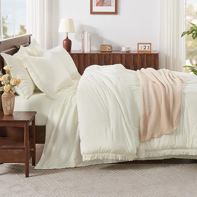 Andency Ivory Full Size Comforter Set with Sheets - 7 Pieces Boho Tassel Bed in a Bag Soft Lightweight Bedding Sets, Ivory Fringe Bed Set with Comforter, Sheets, Pillowcases & Shams