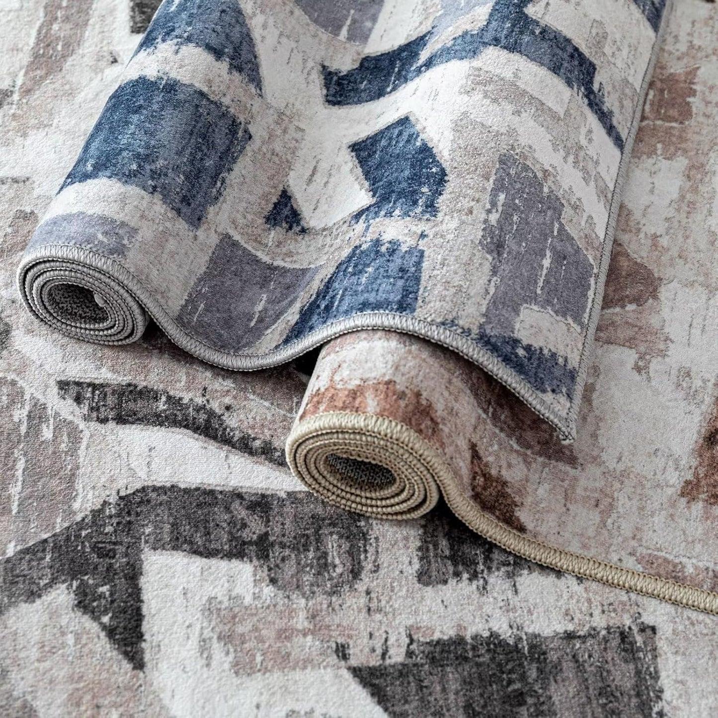 Modern Abstract Blue 6X9 Area Rug for Living Room Bedroom Washable, with Non-Slip Rubber Backing Print Faux Wool Thin, Throw Large Carpet for Kids Playroom Dining Room Pet & Child Friendly