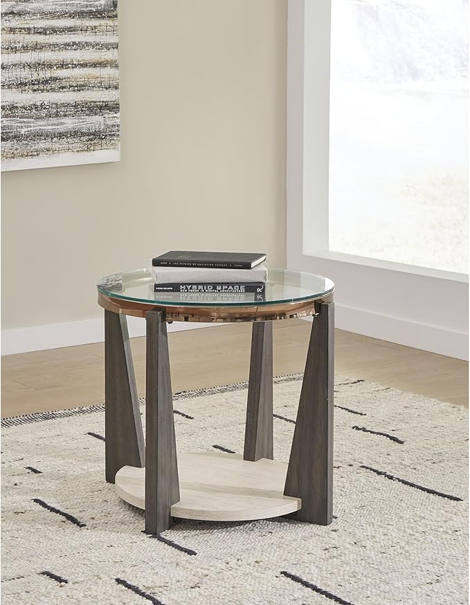 Signature Design by Ashley Frazwa Modern Glass-Tabletop End Table with Open Lower Shelf, Dark Brown & Beige