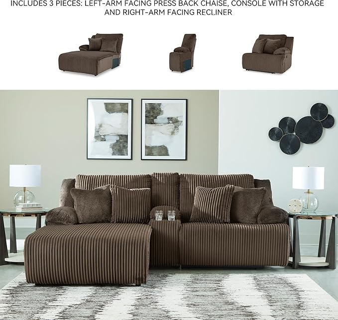 Signature Design by Ashley Top Tier Contemporary L-Shaped Left-Arm Facing 3-Piece Reclining Sectional Sofa with Chaise, Console Storage and 4 Accent Pillows, Dark Brown