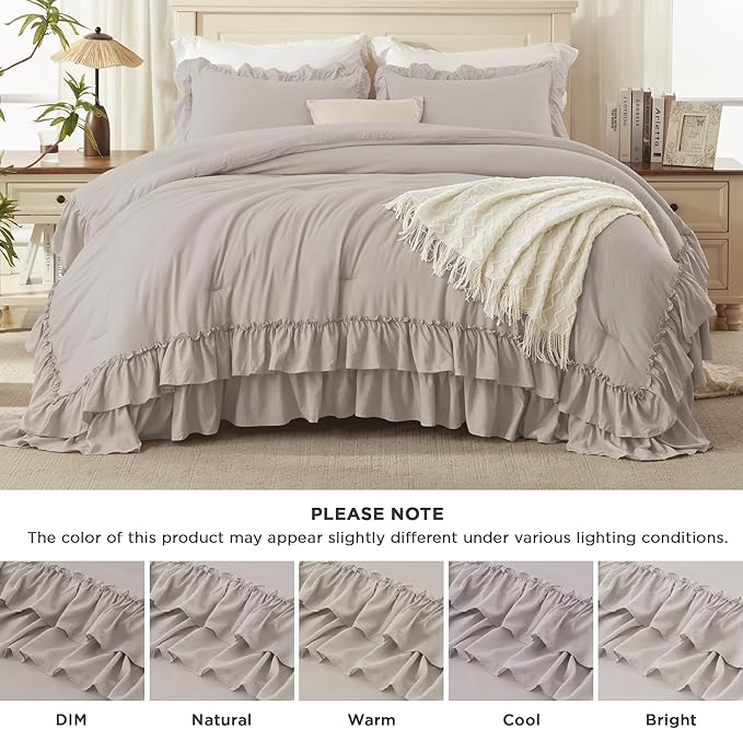 Andency Linen California King Comforter Set (104x96Inch), 3 Pieces Farmhouse Shabby Chic Ruffle Bedding Sets, Lightweight Fluffy Soft All Season Bed Set