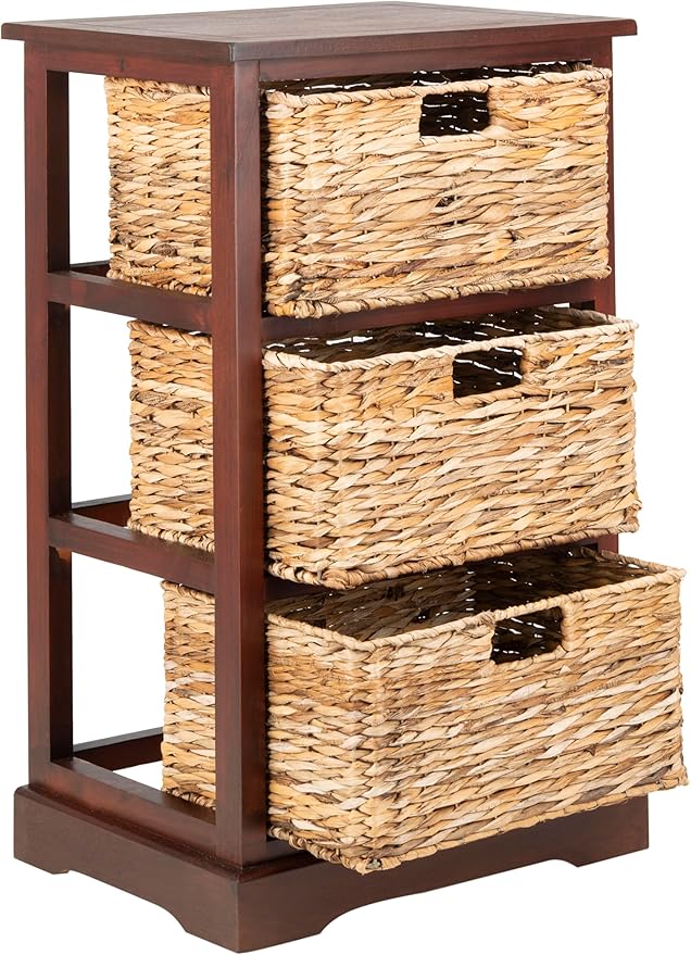 SAFAVIEH Home Collection – Halle Cherry Storage Side Table with Wicker Baskets, Farmhouse Accent Storage, Fully Assembled (AMH5738C)