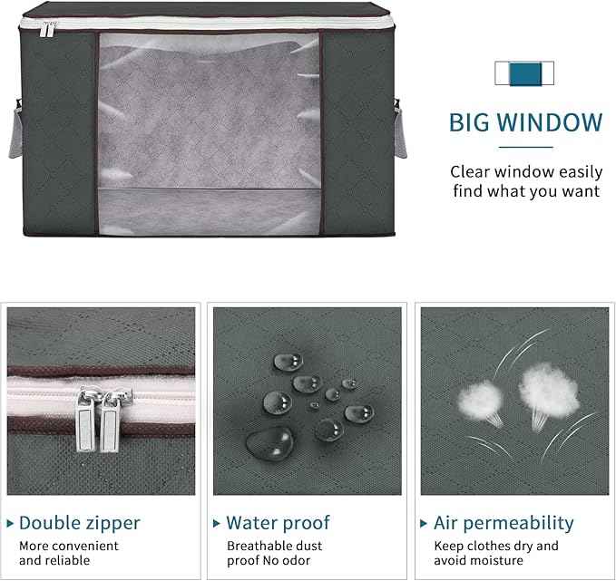 Large Storage Bags, 4 Pack Clothes Storage Bins Foldable Closet Organizers Storage Containers with Durable Handles Thick Fabric for Blanket Comforter Clothing Bedding 90 L (Gray)