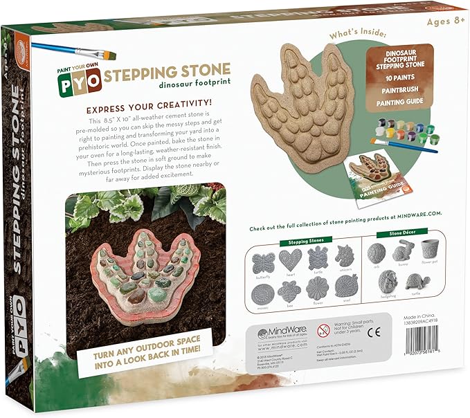 MindWare Paint Your Own Stepping Stone: Dinosaur Footprint – Weather-Resistant 8.5-inch x 10-inch Stepping Stones Kids Craft Kit - Includes Paint, Brushes and Instructions – Ages 8 and Up