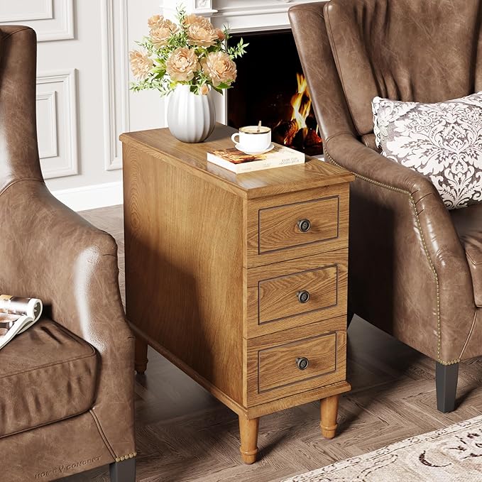 Tribesigns Solid Wood End Table Set of 2, Fully Assembled Narrow Side Table with Drawers, Pre-Assembled Nightstand Slim Bedside Table for Small Spaces, Living Room, Bedroom, Wood