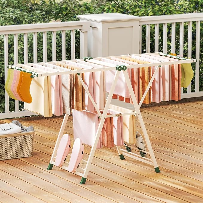 Giantex Clothes Drying Rack, Foldable Metal Laundry Drying Rack with Height Adjustable Wings, 16 Drying Rails, Sock Clips & Shoe Racks, Freestanding Clothing Stand for Indoor & Outdoor, Beige