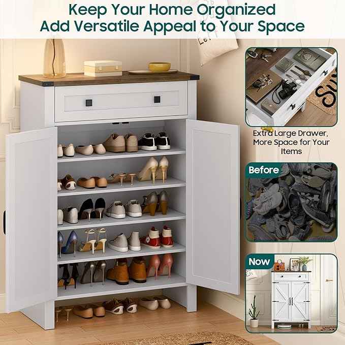 Vabches Shoe Storage Cabinet, 5-Tier Farmhouse Shoe Cabinet with Adjustable Shelves & Drawer, Wooden Shoes Rack Cabinets Storage Organizer with Doors for Entryway, Hallway, Closet, Living Room, White