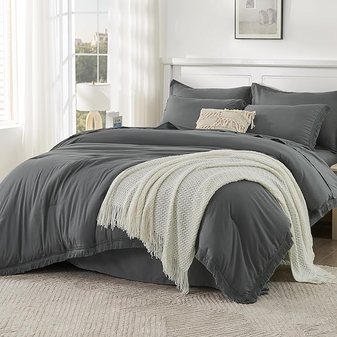 Andency Dark Grey Full Size Comforter Set with Sheets - 7 Pieces Boho Tassel Bed in a Bag Soft Lightweight Bedding Sets, Dark Grey Fringe Bed Set with Comforter, Sheets, Pillowcases & Shams