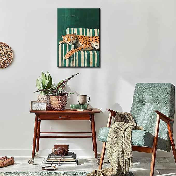 Sleepy Leopard Canvas Wall Art Maximalist Emerald Green Cheetah Wall Decor Pictures Trendy Eclectic Leopard Animal Poster Prints Aesthetic Apartment Dorm Bedroom Home Decoration 12x16in
