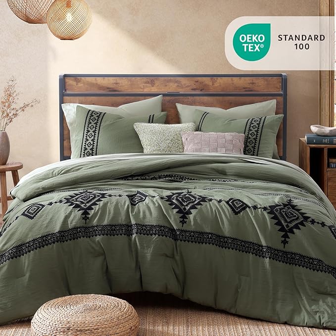 MaiRêve Embroidery Comforter Set, Boho Farmhouse Western Bedding Set, All Season Bed in A Bag Comforter Set with Sheets, Pillowcases & Shams, Olive Green Oversized Queen 7 Pieces