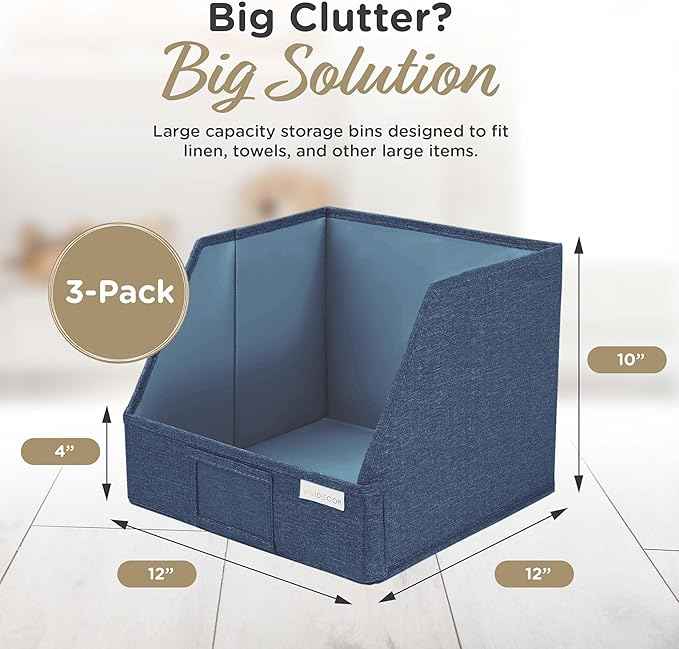 Trapezoid Storage Bins – 12x12x10 Fabric Storage Baskets, Collapsible Easy-Access Organiser Boxes for Baby Clothes, Kids Room Organizer – Navy Blue, 3 Pack