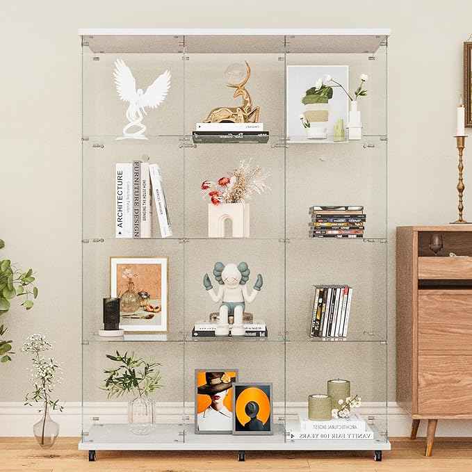 Beauty4U Glass Display Cabinet with 12 Shelves, Extra Large 3 Columns 2 Doors Curio Cabinets for Living Room, Bedroom, Office, White Floor Standing DIY Glass Bookshelf, Quick Installation