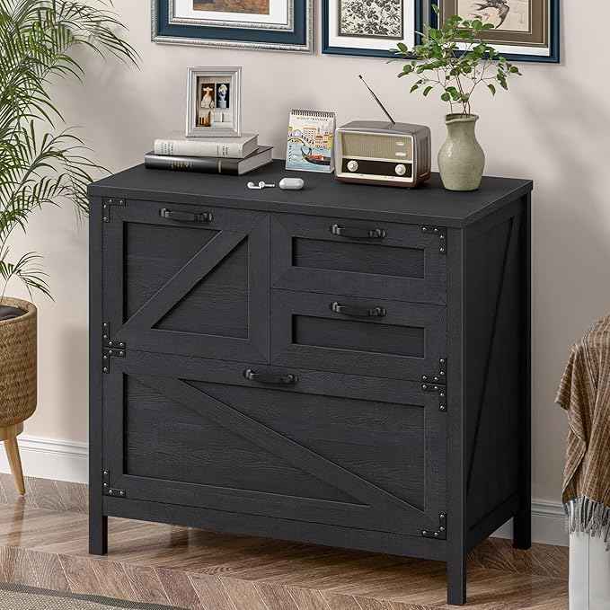 Vabches Wood Lateral File Cabinet with 4-Drawer for Hanging Files Letter/A4/Legal Size, Large Farmhouse Filing Cabinets for Home Office, Printer Stand with Office Cabinet, Office Furniture, Black
