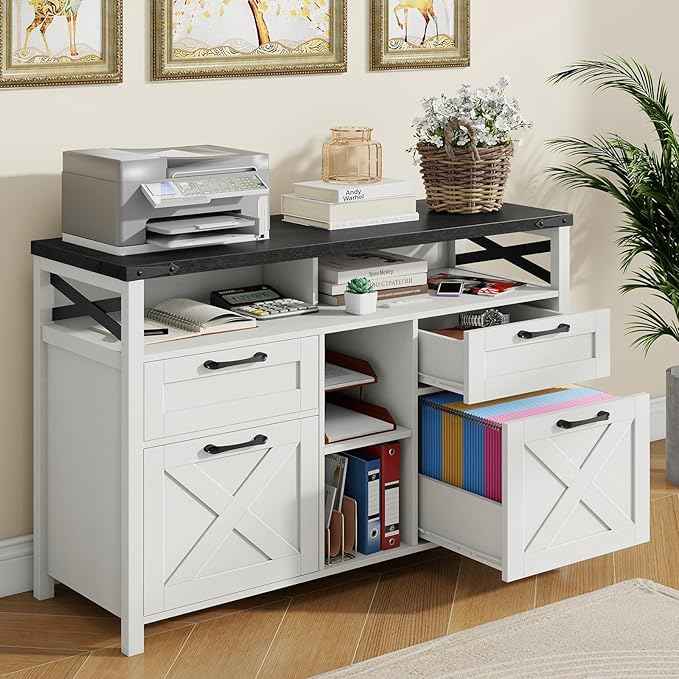 Lateral File Cabinets 4 Drawers with Open Storage Shelf, Farmhouse Filing Cabinet with Adjustable Shelf for Home Office, Filing Organization Storage Cabinets for Hanging Files Letter/A4. Black