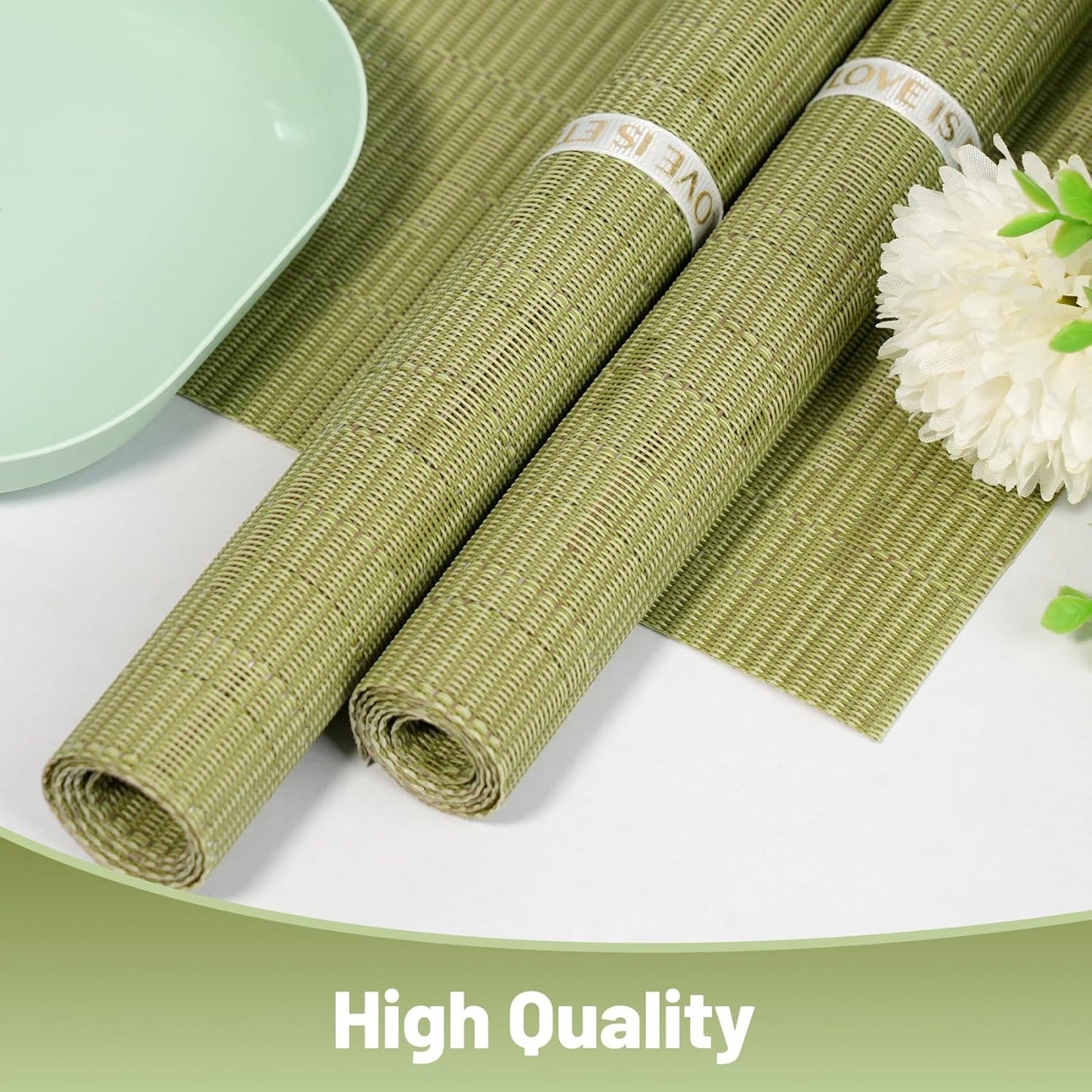 Placemats Set of 8，Non-Slip PVC Weave Table Mats Easy to Clean，Heat Resistant Place Mats for Kitchen Dining Table Decoration Indoor Outdoor，Pea Green