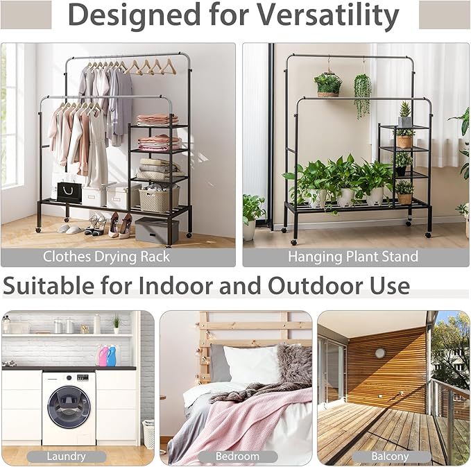 Tangkula Rolling Double Rods Garment Rack, Clothes Drying Rack with Height Adjustable Hanging Bars, Storage Shelves & Lockable Wheels, Heavy-duty Steel Clothing Rack for Indoor & Outdoor Use (Silver)