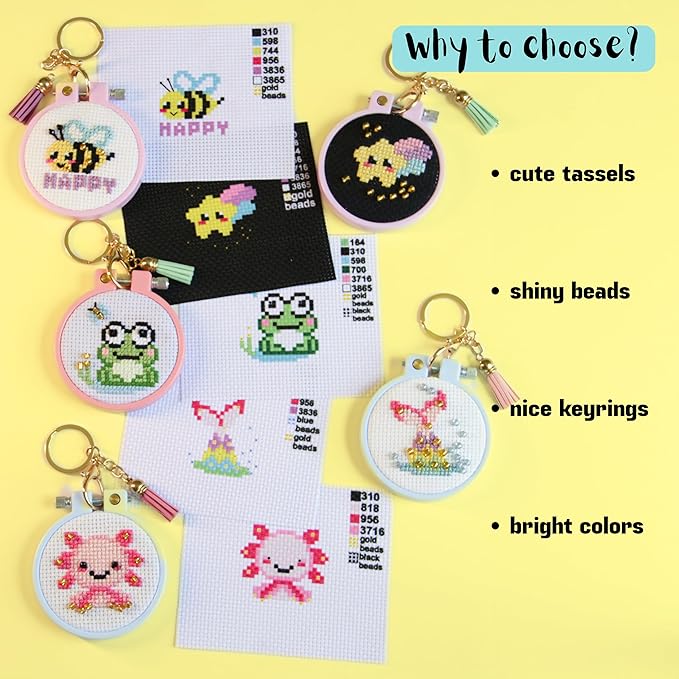 IDDI Cute Creatures Embroidery Kit for Kids. Stamped Cross Stitch Kits for Beginners. Kid Needlepoint. Crafts for Girls 8-12. Easy Crafts. DIY Keychains for Kids. Needlework Kits. Backpack Charms.