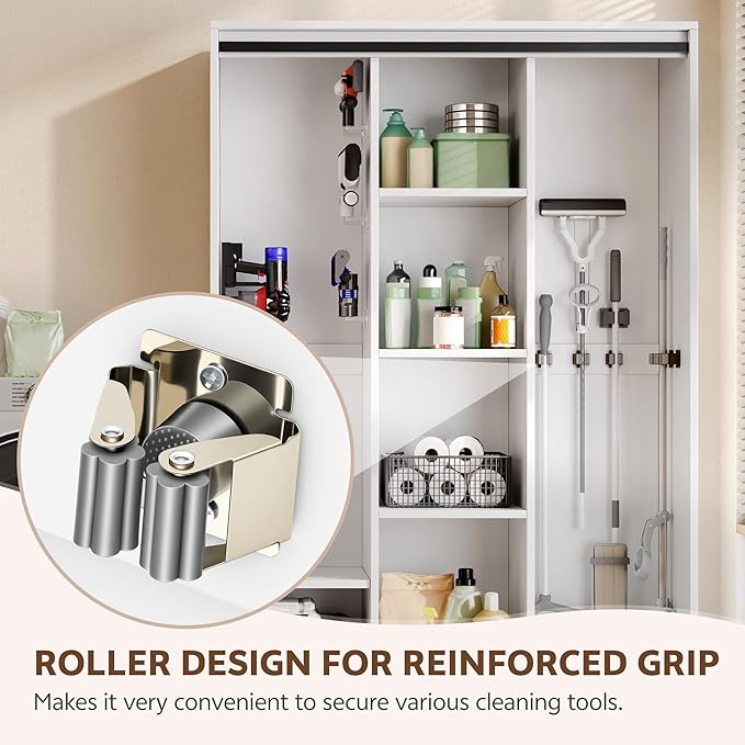 Broom Closet Storage Cabinet, 67" H Wooden Vacuum Storage Cabinet, Utility Closet with Sliding Door, Cleaning Tool Organizer with Shelf and 6 Pack Broom Holder, 67.1" H×47.2" W×15.7" D, White