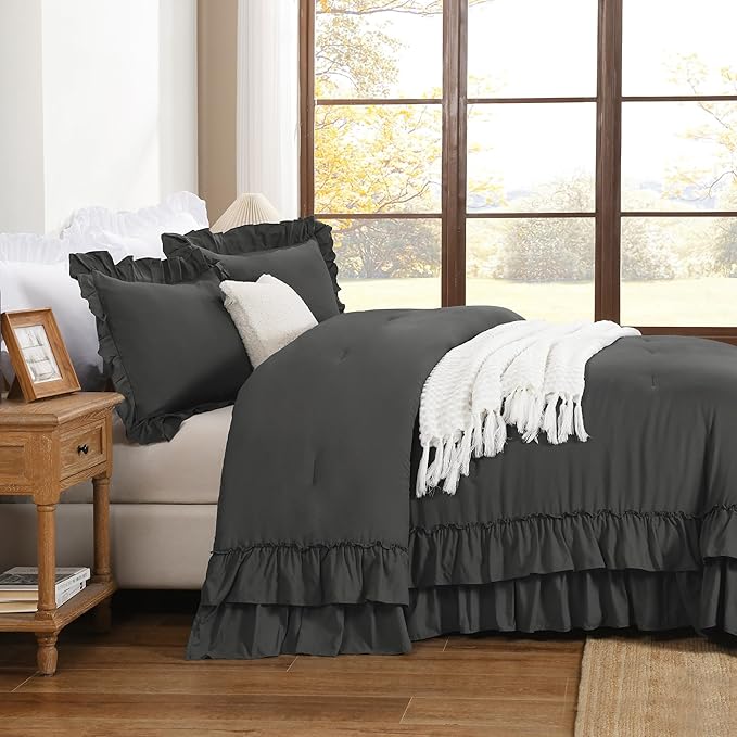 Andency Dark Grey King Comforter Set, Gray Ruffle Farmhouse Shabby Chic Bedding Set, All Season Soft Lightweight Down Alternative Microfiber Bed Comforter Sets