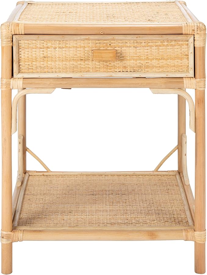 SAFAVIEH Home Collection – Roya Natural Nightstand with Drawer & Shelf, Coastal Accent Table, Bamboo-Style Frame & Rattan Drawer (NST4005A)