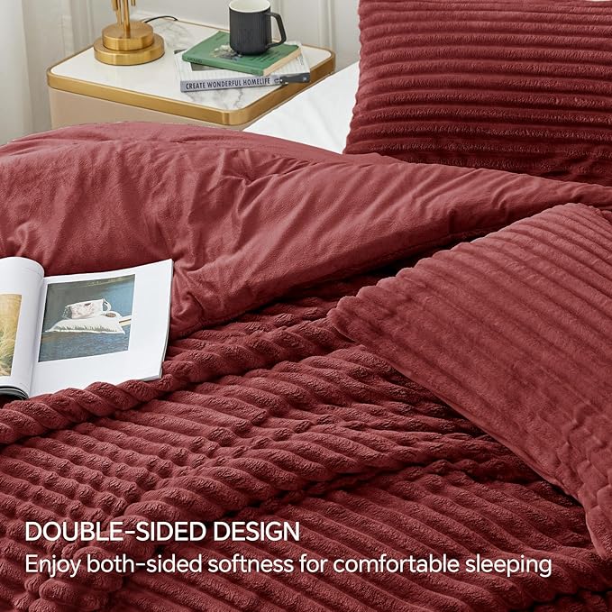 BEDELITE Fleece King Comforter Set -Super Soft & Warm Fluffy Burgundy Bedding, Luxury Fuzzy Heavy Bed Set for Winter with 2 Pillow Cases