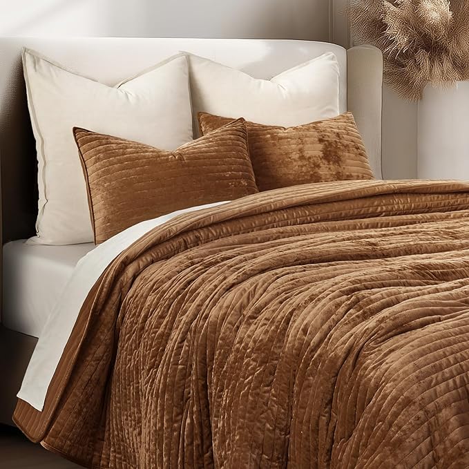 EVERGRACE Velvet Quilt Set King Size, Luxurious Soft Striped Channel Bedding Set, Lightweight Velvet Comforter for All Season, Oversized Bedspread Coverlet with 2 Matching Shams, Dark Brown