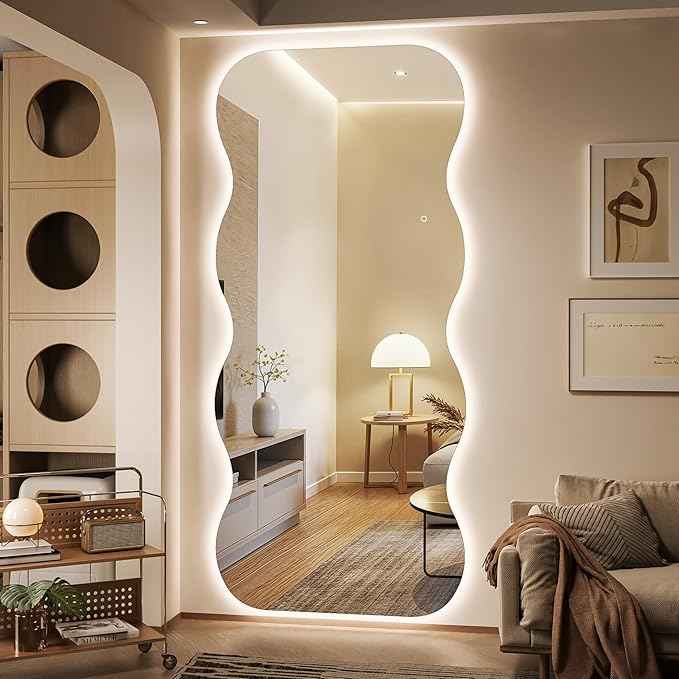 Hasipu Wavy Full Length Mirror with Lights - 94"×39" LED Wavy Floor Mirror, Frameless, Dimmable, Standing or Vertical/Horizontal Wall-Mounted Mirror for Bedroom, Living Room, Cloakroom