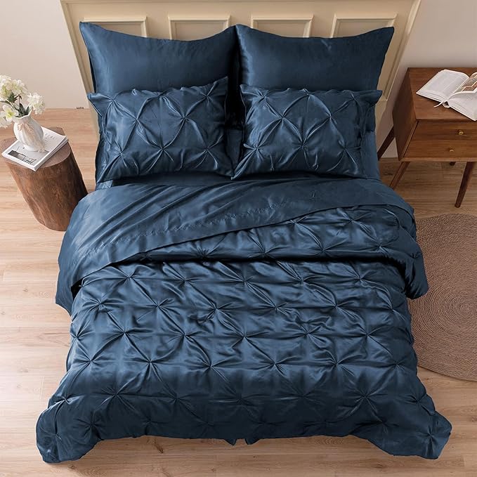 MR&HM Satin Comforter Queen 7 Pieces - Luxurious Pinch Pleat Bedding Set with Comforter, Flat Sheet, Fitted Sheet, Pillowcases & Shams, Super Silky Soft Bed Set for All Season (Queen, Mood Indigo)
