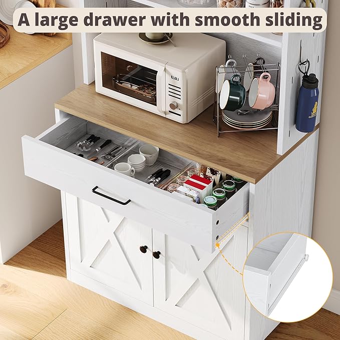 IRONCK Bakers Rack Microwave Stand Storage and Customizable Pegboard, 71" Farmhouse Coffee Bar Cabinet with Drawer, Barn Doors, Adjustable Shelves for Kitchen, Dining Room, White