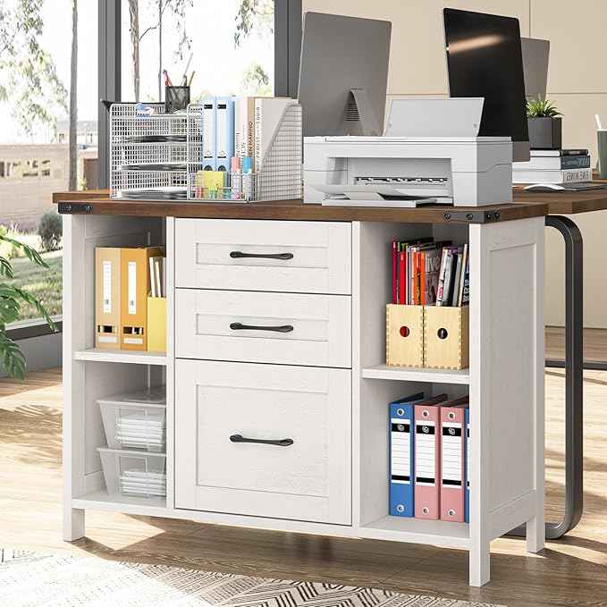 Vabches File Cabinet with 3 Drawers, Farmhouse Lateral File Cabinet Fits Files Letter/A4 Size, Wooden Filing Cabinet with Adjustable Shelves Printer Stand for Home Office, White